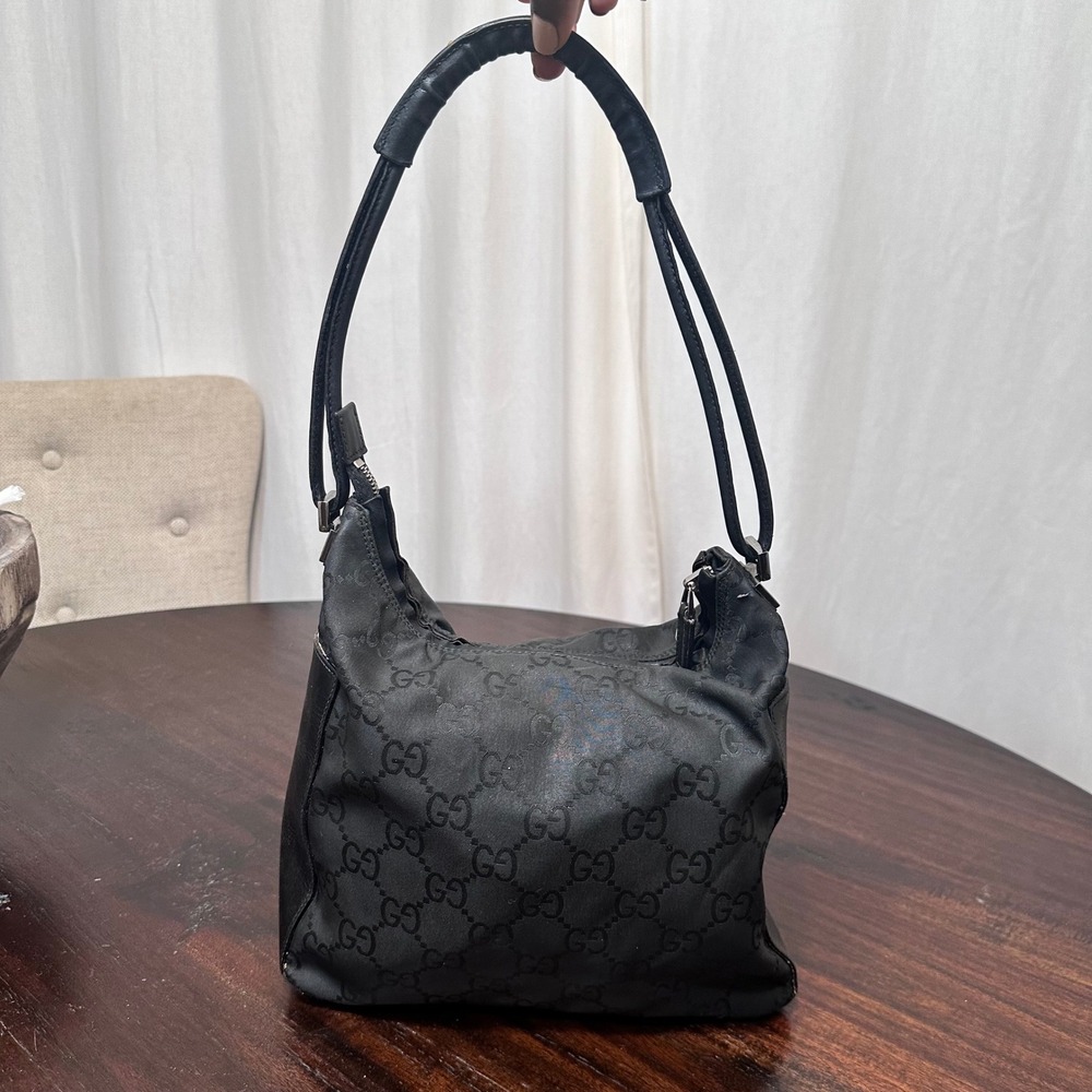 Gucci GG Monogram Canvas Leather Shoulder Bag Women M Black 001-3766